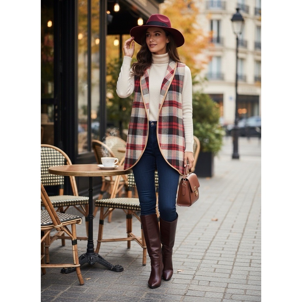 Red Plaid Open Front English Countryside Cabin Core Vest  Wmn's XL‎